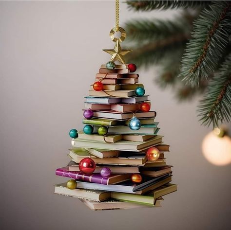 Home Library Decor, Book Ornament, Book Christmas Tree, Buch Design, Book Tree, Book Christmas, Family Ornament, Reading Book, Christmas Books