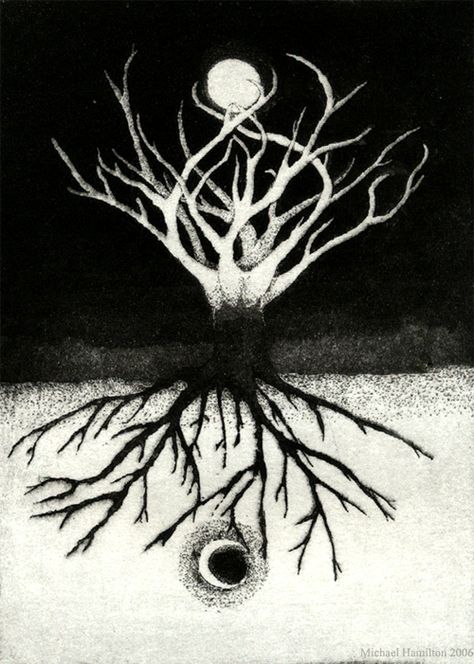 world tree aquatint by Michael Hamilton                                                                                                                                                     More As Above So Below, Mysterious Places, Tattoo Cover, 판타지 아트, Tree Art, Book Of Shadows, Sacred Geometry, Alchemy, Dark Art