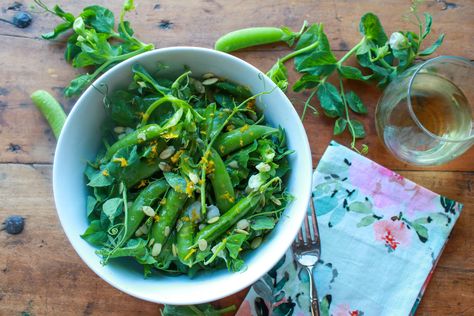 Pea Tendril Salad with Lemon Vinaigrette (Vegan, Gluten-Free) Pea Tendril Salad, Pea Tendrils, Salad With Lemon Vinaigrette, Pea Trellis, Gourmet Salad, Pea Plant, Salad With Lemon, Lemon Vinaigrette, Spring Salad