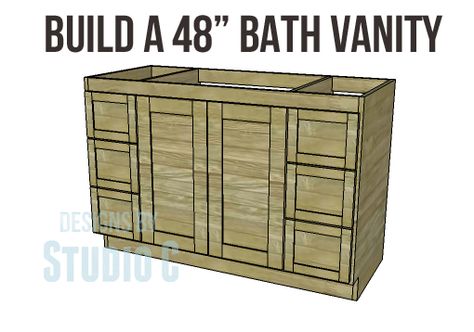 Build a 48" Bath Vanity - this vanity is a little on the tall side and features six drawers and two doors, plus it is super-easy to build! Bathroom Vanity Plans, Diy Bathroom Vanity Plans, Kids Woodworking, Bathroom Diy Ideas, Wood Furniture Plans, Diy Bathroom Vanity, Woodworking Tutorials, Woodworking For Beginners, Room Vanity