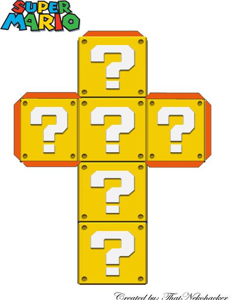 Mario Question Block Paper Craft Template by ThatNekohacker Patron Cube, Super Mario Bros Party Ideas, Mario Kart Party, Mario Bros Birthday Party Ideas, Mario Crafts, Nintendo Party, Mario Room, Super Mario Bros Birthday Party, Mario E Luigi