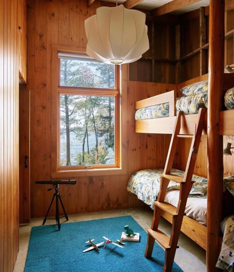 Small Lake Cabins, Teal Carpet, Bunk Rooms, Lakeside Cabin, Modern Renovation, Pine Walls, Lake Cabin, Room With A View, Cabin Interiors