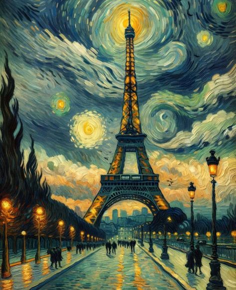 Van Gogh art - Paris starry night 🗼🌟❤️ Van Gogh Aesthetic, Starry Night Wallpaper, Van Gogh Inspired, Starry Night Art, Paris Tour, Watercolor Beginner, Night Style, Van Gogh Paintings, Canvas Painting Designs