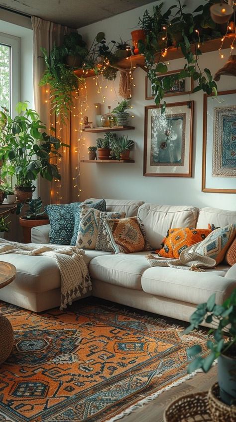 Living Room Inspiration Boho Chic, Earth Living Room Decor, Cozy Cottage Living Room Small Spaces, Living Room Green Couch Colour Schemes, Living Room Designs Maximalist, Modern Plant Living Room, Maximalist Boho Living Room, 70s Style Home Interior Design, Boho Rustic Living Room Ideas