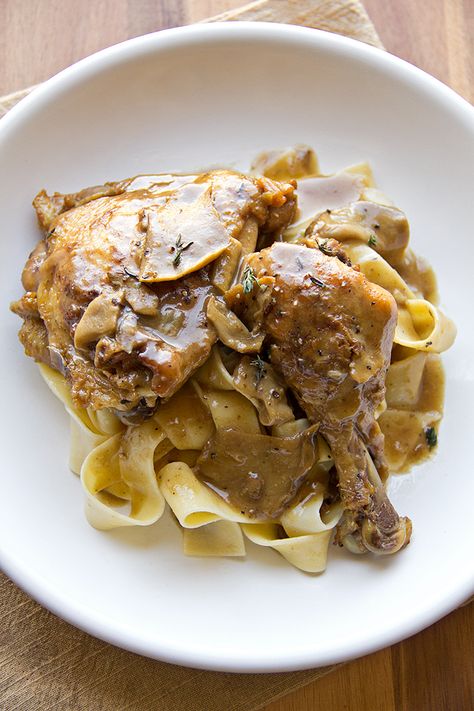 Braised Chicken in Porcini Wine Sauce over Buttered Pappardelle Noodles Mushroom Wine Sauce, Porcini Mushroom, Buttered Noodles, Porcini Mushrooms, Braised Chicken, Wine Sauce, Mushroom Sauce, Mushroom Chicken, Think Food