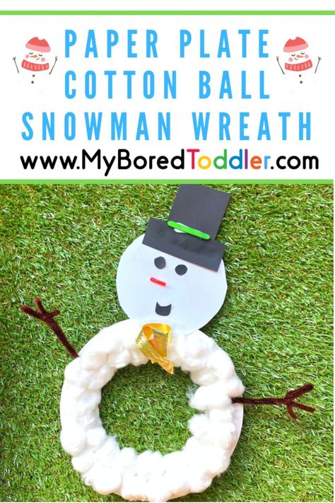 Paper Plate Cotton Ball Snowman Wreath: This friendly snowman is a multisensory craft idea that kids just love. Cotton Ball Snowman, Paper Plate Snowman, Cotton Ball Crafts, Winter Activities For Toddlers, Christmas Activities For Toddlers, Preschool Winter, Christmas Crafts For Toddlers, Fun Activities For Toddlers, Winter Activities For Kids