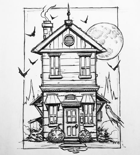 13/31 by Mike PhillipsInktober haunted house Creepy Houses Drawing, Haunted House Illustration Drawings, Haunted House Reference, Haunted House Sketch Easy, Haunted House Ideas Drawing, Drawings Of Haunted Houses, Haunted Houses Drawing, Gothic House Drawing, Simple Haunted House Drawing