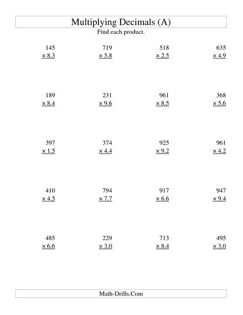 The Multiplying Three-Digit Whole by Two-Digit Tenths (All) Subtracting Decimals Worksheet, Decimal Multiplication, Math Multiplication Worksheets, Decimal Word Problems, Multiplying Decimals, Subtracting Decimals, Dividing Decimals, Math Practice Worksheets, Decimals Worksheets