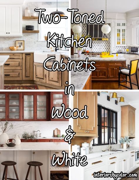 White Uppers Stained Lowers Kitchen, White Rustic Cabinets Kitchen, Two Tone Farmhouse Kitchen Cabinets, White Brown Kitchen Cabinets, Stained And Painted Kitchen Cabinet Combo, White Cabinets With Wood Accents, Two Tone Stained Kitchen Cabinets, Brown Lower Cabinets White Upper, Two Tone Cabinets Color Combos Wood