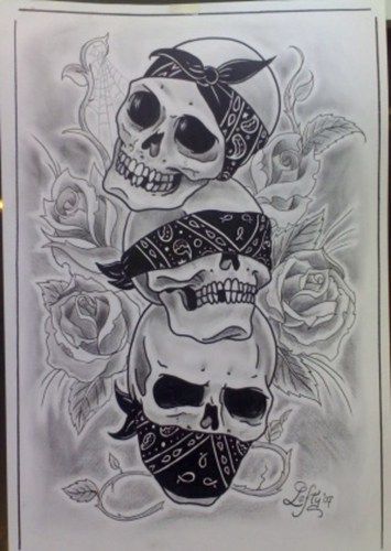 Hear no See no Speak no Evil skulls with bandana Evil Tattoo Designs, See No Evil Tattoo, No Evil Tattoo, Evil Skull Tattoo, Evil Tattoo, Skull Sleeve Tattoos, Gangsta Tattoos, Kunst Tattoos, Chicano Tattoos