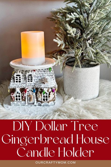 Let's make a DIY Dollar Tree gingerbread house candle holder that you can use year after year. It makes a lovely centerpiece for Christmas. #dollartreediy #dollartreegingerbreadhouse Diy Dollar Tree Christmas Candle Holders, Christmas Crafts Candle Holders, Dollar Tree Gingerbread House, Dollar Tree Candle Holder Diy, Dollar Tree Gingerbread, Tree Gingerbread House, Christmas Candle Holders Diy, Centerpiece For Christmas, Diy Dollar Tree Centerpieces