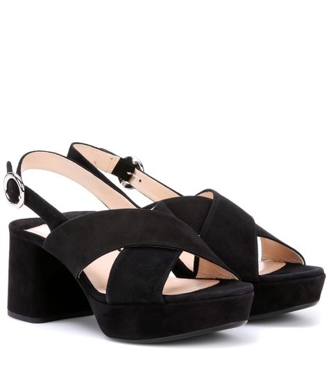 Prada+-+Suede+sandals+-+Refresh+your+edit+with+a+wardrobe+essential+–+Prada's+sandals+are+a+timeless+silhouette+in+classic+black.+Crafted+from+soft+suede,+this+style+features+criss-crossing+straps+at+the+top+and+a+sling-back+strap+for+a+secure+fit.+The+stable+block+heel+and+plateau+ensure+this+can+be+an+all-night+look.+seen+@+www.mytheresa.com Wedge Dress Shoes, Comfort Shoes Women, Platform Sandals Heels, Suede Sandals, Slingback Sandal, Sandal Fashion, Casual Sandals, Platform Heels, Platform Sandals