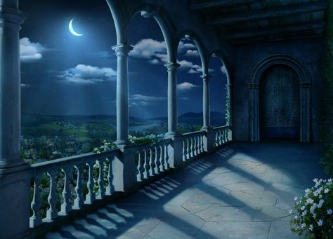 Castle Balcony Night, Castle Background, Episode Backgrounds, Hogwarts Aesthetic, Night Background, Scenery Background, Green Screen Backgrounds, Fantasy Castle, Fantasy Places