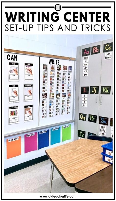 Here are some tips and tricks to how you can organize your writing center. Read the article to get ideas of materials and set up. Don't forget to grab the freebies at the end of the article. Preschool Writing Center Set Up Ideas, Writing Rotations Center Ideas, 2nd Grade Writing Center Set Up, Special Education Independent Work Stations, Writing Center Set Up Kindergarten, Special Education Writing, Kindergarten Summer Activities, Fall Kindergarten Activities, Kindergarten First Week