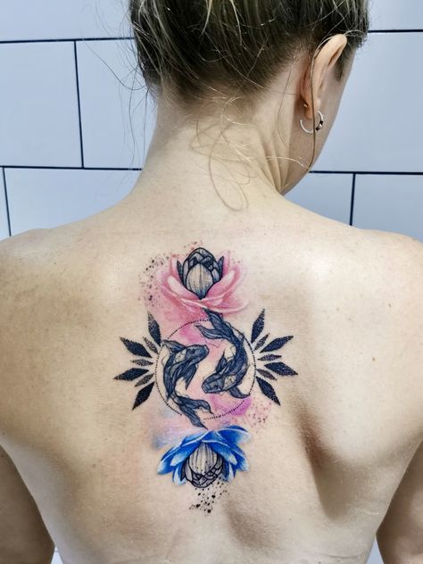 Pisces koi carp lotus flower courage strength ying yang watercolour art tattoo Watercolour Tattoo, Pisces Tattoo Designs, Lillies Tattoo, Pisces Tattoo, Ying Yang Tattoo, Yin Yang Koi, Private Tattoos, Hip Thigh Tattoos, Pisces Tattoos