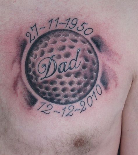 I want a tattoo kinda like this with my sons birth date and name Grandfather Tattoo, Golf Sayings, Golf Tattoo, Tattoos For Dad Memorial, Rip Tattoo, Ball Tattoo, Club Tattoo, Pro Golfers, Remembrance Tattoos