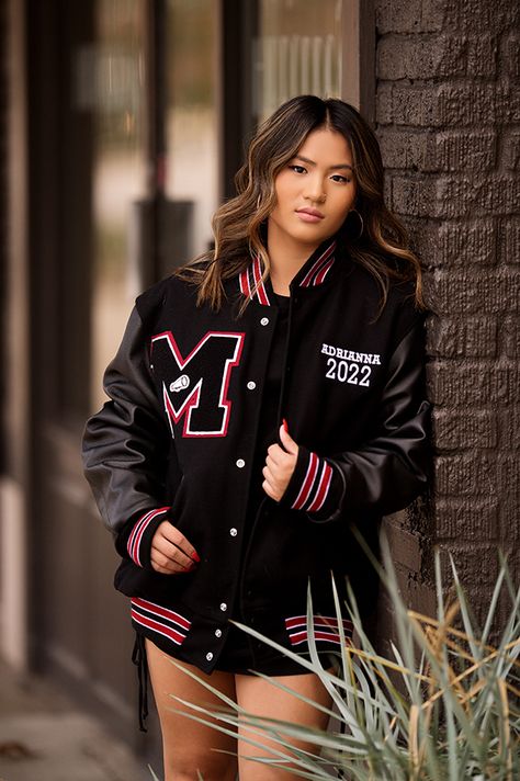 Senior Jacket Photoshoot, Jacket Photoshoot, Senior Jackets, Varsity Jacket Outfit, Studio Portrait Photography, Jacket Ideas, Senior Photo Poses, Varsity Letterman Jackets, Hair Scarf Styles