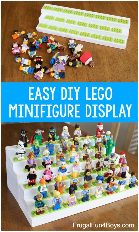 Create this tiered LEGO minifigure display stand out of wood. So easy. The smaller version holds 23 guys, or expand it to hold 55. Small Lego Play Area, Lego Man Display, Diy Doorables Display, Lego Minifigure Storage, Mini Figure Display Diy, Lego People Display, Lego Minifigure Display Diy, Kids Lego Display, Display Lego Creations