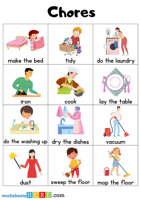 Kids Folding Clothes, Household Chores Pictures, House Work, Chores Worksheet, House Worksheets For Kids, Chores List, Household Chores List, Letter W Activities, Chore Cards