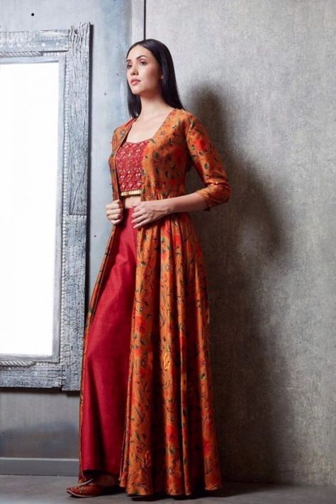 Shrug And Plazo Dress, Silk Skirt With Jacket, Jacket Style Kurti Long With Plazo, Indowestern Jackets For Women, Shurgs Designs, Label Anushree, Plazo Dress, Fusion Dress, Plazo Pant