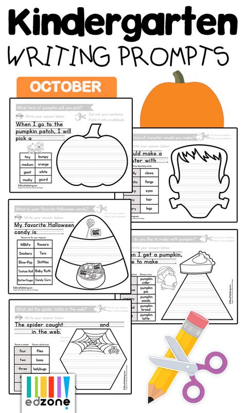 Kindergarten Writing Prompts for October! Students work of fun, hands-on writing projects with our Guided Writing pack for October.  Topics include Fall Favorites, Harvest, Bats & Spiders, Pumpkins, Halloween and more!  Great for reluctant writers. Writing Halloween Activities, Bat Writing Kindergarten, Halloween Writing Craft 1st Grade, Halloween Writing Grade 1, Halloween Writing For Kindergarten, Halloween Writing Prompts Kindergarten, October Writing Activities, Halloween Writing First Grade, Kindergarten Halloween Writing