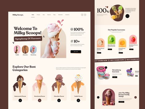 Milky Scoops - Website Design by Evince Development on Dribbble Ice Cream Web Design, Ice Cream Shop Website Design, Ice Cream Website Design, Menu Design Website, Ice Cream Website, Website Layout Template, Cafe Website, Website Home Page, Adobe Illustrator Graphic Design