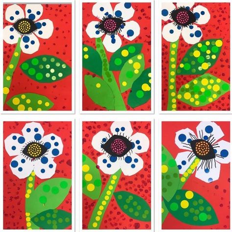 elementary art • Instagram Yayoi Kusama Flowers, Kusama Flowers, Flowers Message, Easy Art Lessons, Art Fundraiser, Paper Art Projects, Collage Art Projects, Kids Art Class, Art Lessons For Kids