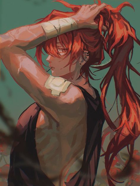 Ponytail Drawing, Long Red Hair, High Ponytail, High Ponytails, Anime Drawings Tutorials, Long Red, Art Brushes, Male Art, Boy Art