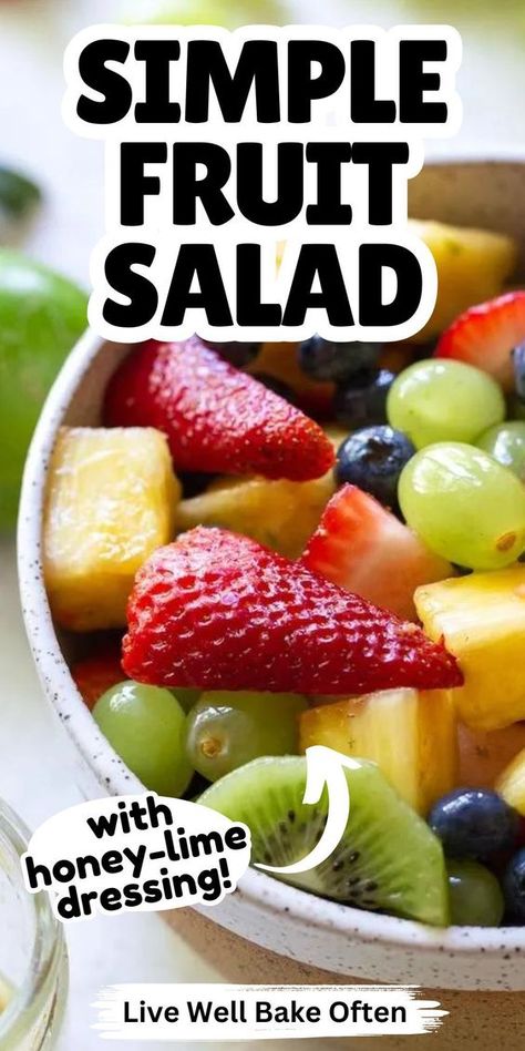 Live Well Bake Often brings you a delicious fruit salad that's both simple and tasty! This fruit salad is made with fresh strawberries, blueberries, pineapple, kiwi, and more. It can also be topped with an easy honey-lime dressing. This delicious salad is perfect whether you need a healthy side dish, snack, or dessert! Whip up this yummy and refreshing fruit salad for summer cookouts! Southern Living Fruit Salad, Easy Fresh Fruit Salad, Picnic Fruit Salad, Easy Fruit Salad For Party, Fruit Salads For Parties Creative, Best Fruit Salad Recipe, Simple Fruit Salad, Live Well Bake Often, Salad For Summer