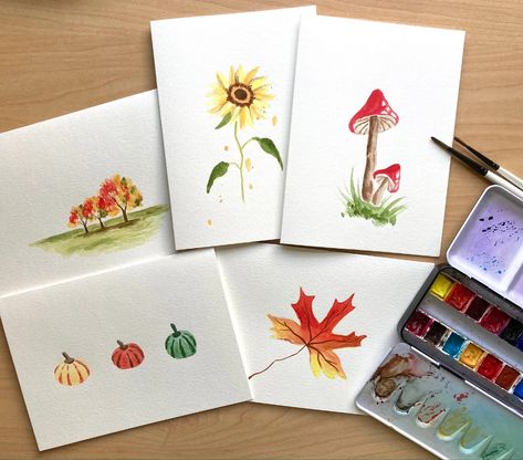 Set of 5 fall Collection Hand Painted | Etsy Autumn Watercolor, Hand Painted Card, Watercolor Card, Diy Watercolor Painting, Fall Watercolor, Paint Cards, Diy Watercolor, Bird Cards, Original Card