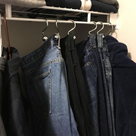 If you don’t have enough hangers, an easy fix is to use shower curtain hooks! They take up less space and are especially ideal for hanging clothes with a loop -- like jeans or jackets. Foam Noodles, Closet Hacks, House Chores, Suspender Clips, Koh Chang, Shower Hooks, Tension Rod, Hanging Clothes, Simple Home