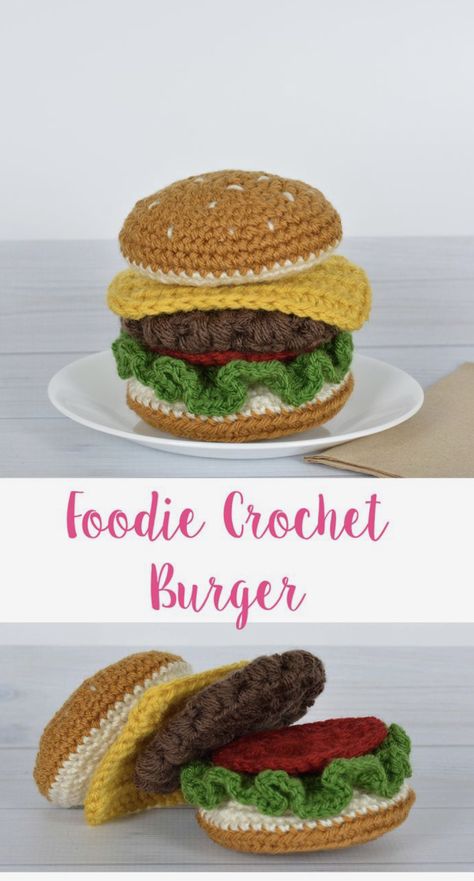 The Easy Foodie Crochet Burger Crochet Burger, Knit Food, Food Amigurumi, Kids Play Food, Food Hamburger, Amigurumi Design, Food Crochet, Toys Design, Crochet Toys Free