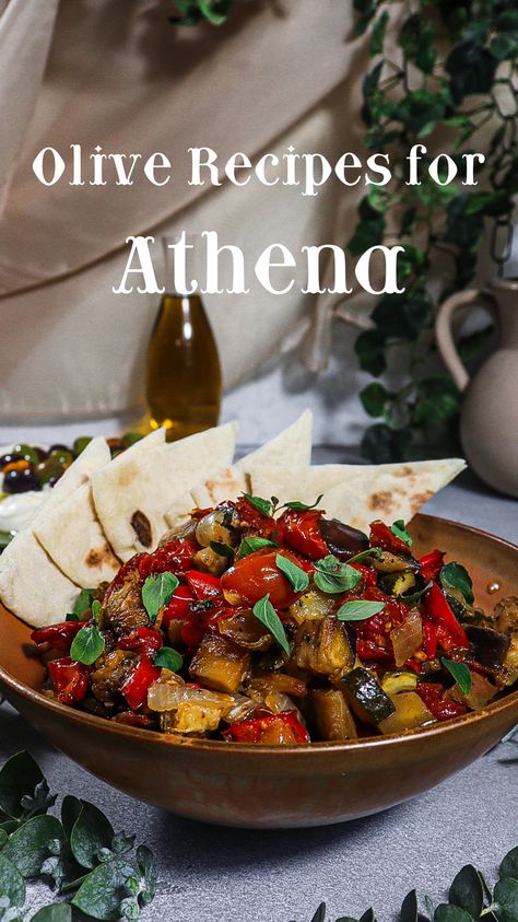 Combine your love of cooking with your love of Greek Mythology with this series of recipes inspired by the gods and goddesses of Ancient Greece. To honour Athena, the patron deity of Athens who gifted the people with the olive tree, briam is the perfect offering. Briam is made with vegetables slow roasted and caramelized in olive oil. Serve the briam alongside whipped feta topped with herb marinated olives. Greek Party Food Ideas, Greek Mythology Food, Ancient Greek Recipes, Greek Vegetarian Recipes, Witchy Food, Ancient Greek Food, Fandom Recipes, Greek Feast, Grilled Cheese Recipes Gourmet