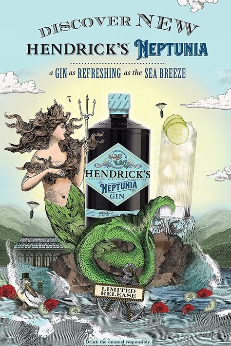 Hendricks Neptunia Gin Cocktails, Liquor Poster, Gin Festival, Liquor Label, Hendrick's Gin, Product Advertising, Hendricks Gin, Care Box, Gin Cocktails