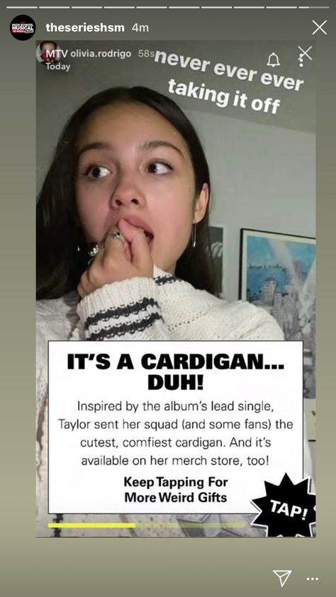 Olivia Rodrigo Taylor Swift, Cardigan Taylor Swift, Taylor Swift Cardigan, Sofia Wylie, Comfy Cardigan, Weird Gifts, Salma Hayek, Olivia Rodrigo, Mtv