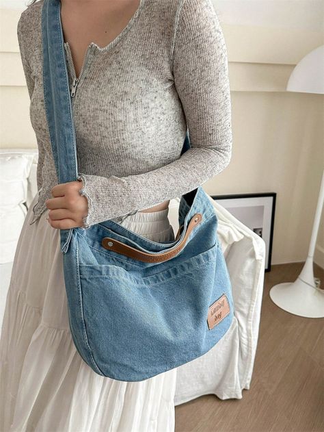 1pc Simple Fashion Neutral Denim Fabric Casual Backpack For Students, College Style. Can Be Used As Shoulder Bag, Handbag Or Crossbody Bag With Large Capacity And Multiple Pockets, Suitable For Daily Commutes Or Travelling With Your Loved One Blue Casual,Glamorous   Denim Plaid,Plain Hobo Bag   Women Bags, size features are:Bust: ,Length: ,Sleeve Length: Mochila Jeans, Casual Glamour, College Style, Simple Fashion, College Fashion, Casual Backpack, Bag Women, Denim Fabric, Hobo Bag