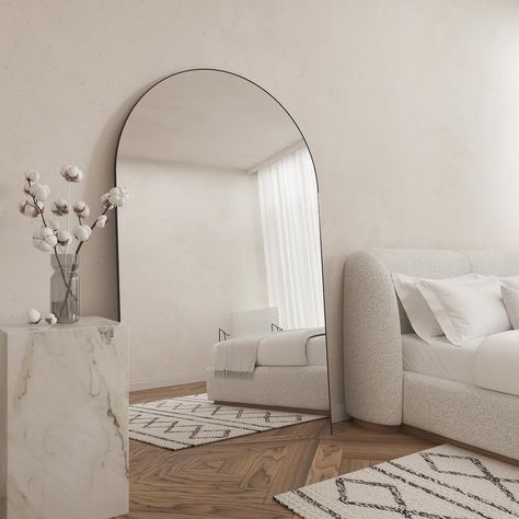 Introducing Arlo - your minimalist muse for elevated spaces. The Frameless Arched Full-Length Mirror stands tall at 120cm x 200cm, bringing a timeless allure to any room. With its sleek design and subtle black bezel, Arlo effortlessly merges modernity with sophistication. Elevate your space with Arlo’s captivating presence. #minimalistdesign #elevatedspaces #timelessbeauty #sleekmirror #interiordesign Trendy Mirrors Aesthetic, Mirror Against Wall, Big Mirror In Living Room, Home Finishes, Mirror Arch, Mirror Living Room, Living Room Mirror, Trendy Mirrors, Large Mirrors