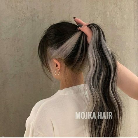 Platinum Peekaboo Highlights, White Underlayer Hair, White Hair Black Streak, Black Hair White Peekaboo, Silver Under Hair, Platinum Peekaboo Hair, Silver Peekaboo Highlights, Blonde Peek A Boo Hair, White Streaks In Brown Hair