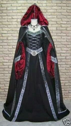 , Medieval Maid Dress, Gothic Victorian Outfits, Medieval Ball, Hooded Gown, Medieval Dresses, Gaun Abad Pertengahan, Medieval Cloak, Medieval Gown, Black Cloak