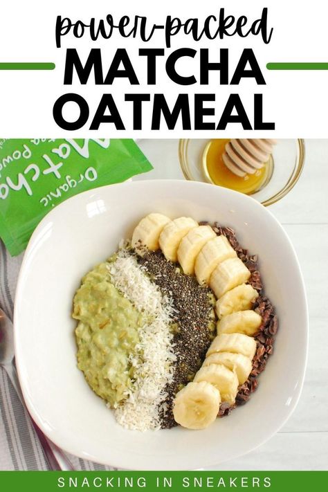 A bowl of matcha oatmeal topped with banana, chia seeds, coconut, and cacao nibs. Matcha Oatmeal, Creamy Matcha, Oatmeal Snacks, Matcha Recipes, Breakfast Oatmeal Recipes, Healthy Breakfast Recipe, Protein Oatmeal, Matcha Recipe, Pancakes Healthy