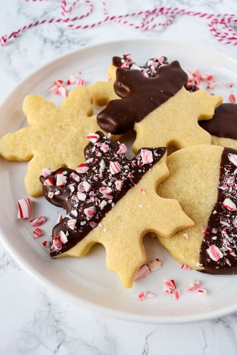 These Chocolate Dipped Sugar Cookies are the perfect treat to kick off Christmas cookie season. They're simple to make with just a handful of ingredients. They're slightly crispy on the outside and chewy on the inside. Dipped in melted chocolate and sprinkled with crushed candy canes, they're sure to impress this holiday season! Chocolate Dipped Gingerbread Cookies, Gingerbread Dipped Cookies, Christmas Dipped Cookies, Chocolate Dipped Christmas Cookies, Christmas Cookies Sprinkles, Easy Christmas Sugar Cookie Designs, Chocolate Dipped Sugar Cookies, Dipped Sugar Cookies, Mini Christmas Cookies