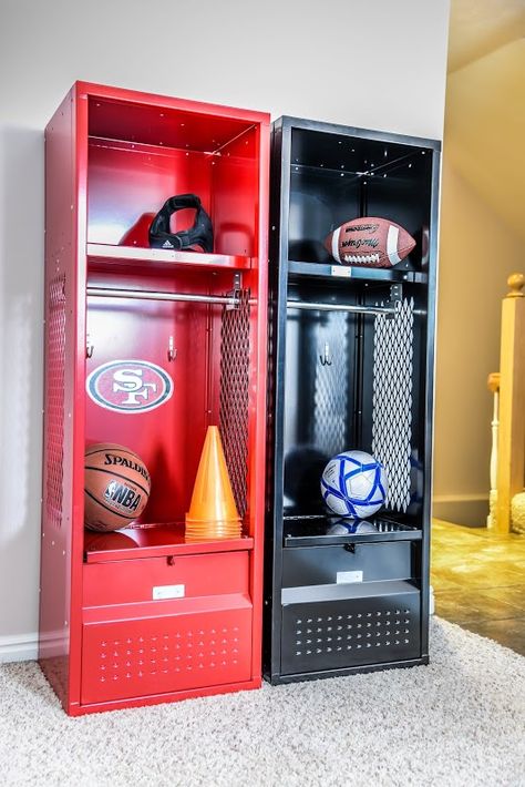 Football Boot Storage, Nfl Themed Bedroom, Nfl Room Ideas, Nfl Bedroom Boys, Locker Room Bedroom, Sports Bedrooms, Nfl Locker Room, Locker Bedroom, Boy Sports Bedroom