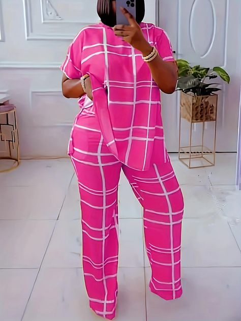 Women's Shirt Pants Sets Plaid Print Casual Daily Fashion Short Sleeve Round Neck Black Spring & Summer 2024 - $27.99 Plus Size Two Piece Outfit, Female Office, Office Pants, Plus Size Two Piece, V Neck Shirt, Plaid Outfits, Middle Aged Women, Shirt Pant Set, 2 Piece Set