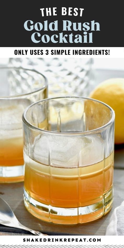 The Gold Rush Cocktail is a simple yet refreshing whiskey drink that is perfect for slow sipping. The blend of bourbon, honey syrup, and zesty lemon juice is sure to dazzle your taste buds. Gold Rush Cocktail, Bourbon Honey, Honey Bourbon, The Gold Rush, Cough Drops, Shakes Drinks, Honey Syrup, Whiskey Drinks, Honey Lemon