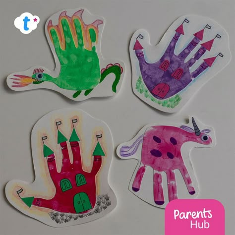 Why not enjoy some fantasy-themed hand printing? Create painted prints and transform them into unicorns, dragons or castles! #kidshandprints #handprints #fantasy #dragoncraft #castlecraft #unicorncraft #fantasyhandprints My Imagination Preschool Theme Crafts, Fairytale Ideas For Preschool, Fairytales Crafts, Dragon Handprint Craft, Handprint Castle, Handprint Unicorn, Real And Make Believe Preschool Ideas, Fairytale Arts And Crafts, Dragon Art Preschool