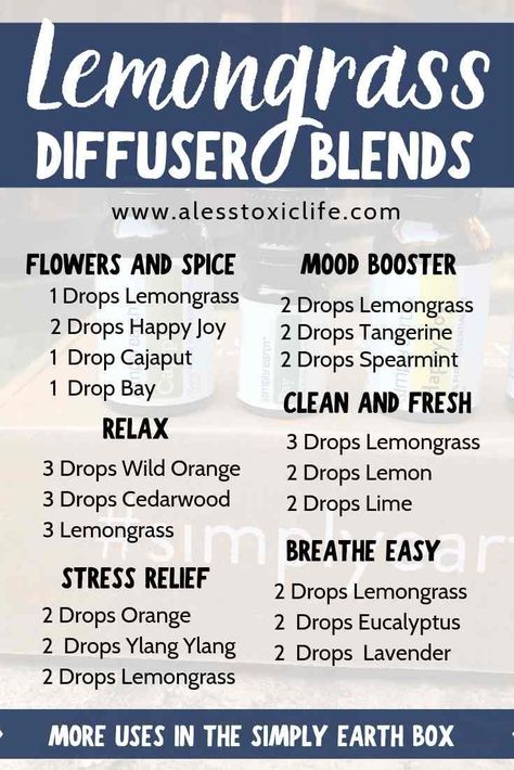 These essential oil blends with Lemongrass will smell great in your diffuser. Learn other ways to use lemongrass with recipes from the Simply Earth Subscription box. #simplyearthreview #simplyearthbox #essentialoils #diffuserblends Simply Earth, Essential Oil Combinations, Aromatherapy Recipes, Essential Oils For Pain, Essential Oils For Headaches, Essential Oil Diffuser Blends Recipes, Young Living Essential Oils Recipes, Essential Oils Guide, Essential Oil Diffuser Recipes