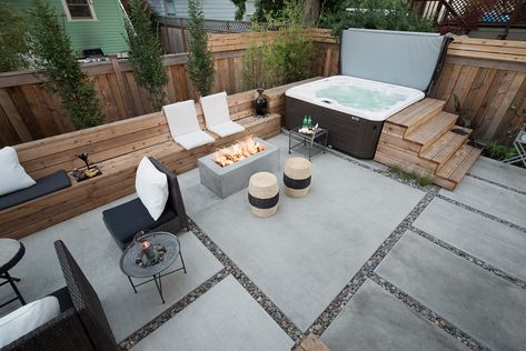 35 Hot Tubs in Landscapes - Paradise Restored Landscaping Floating Deck Hot Tub, Seating Area Around Hot Tub, Small Backyard Design With Hot Tub, Backyard Design Layout With Hot Tub, Hot Tub Lower Deck Ideas, Hot Tub Layout Ideas, Build In Hot Tub, Small Backyard With Hot Tub And Fire Pit, Small Backyard Ideas With Hot Tub And Fire Pit