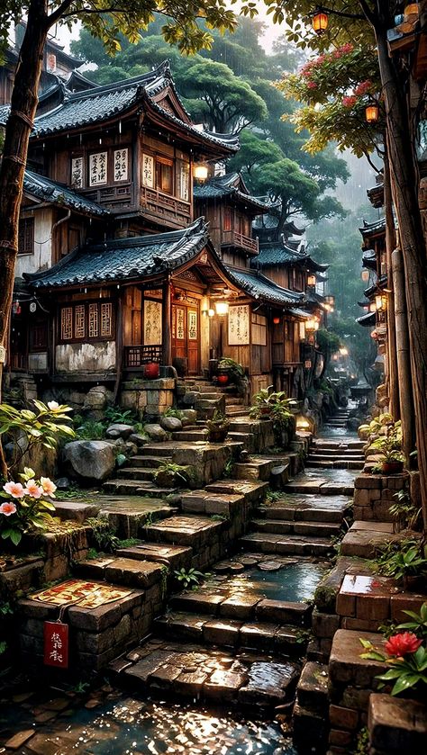 Edo Period Japan Architecture, Japanese Buildings Traditional, Japanese Mountain Village, Korea Architecture, Ancient Japanese Architecture, Japanese Palace, Chinese Village, Japanese City, Ancient Chinese Architecture