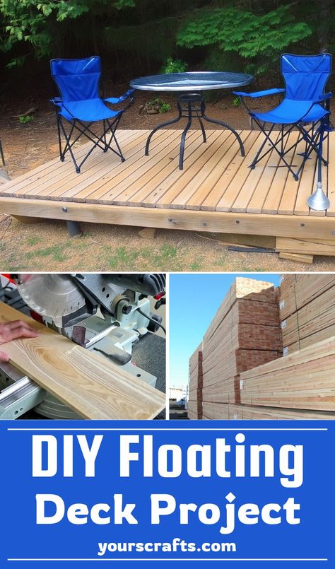 Cheap DIY Floating Deck Project For About 100 $ Temporary Deck For Renters, Tiny Deck Ideas, Dyi Deck, Easy Diy Deck, Floating Deck Ideas, Diy Floating Deck, Floating Deck Plans, Ground Deck, Building A Floating Deck