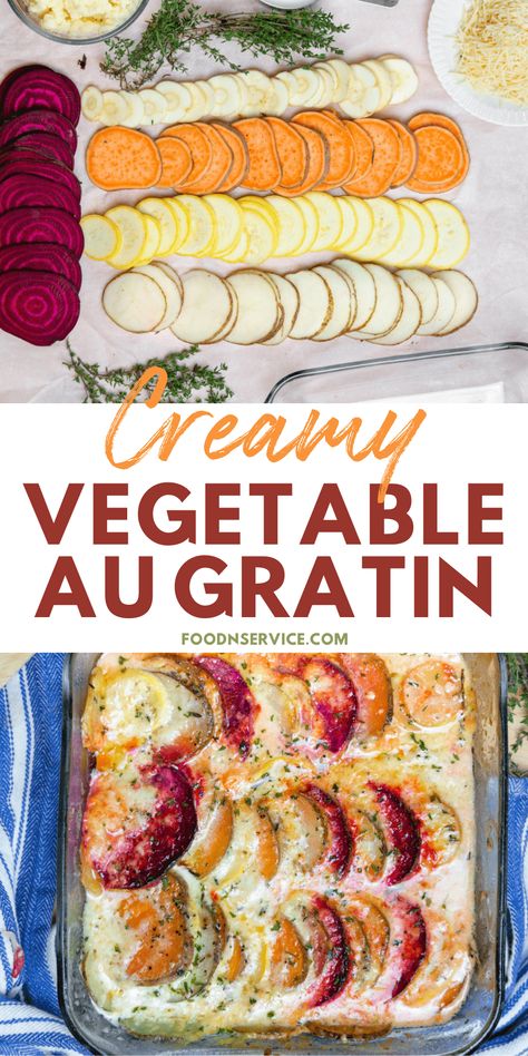 Rainbow Vegetable Gratin, Vegetable Souffle Recipes, Impressive Vegetable Sides, Scalloped Vegetable Bake, Vegetable Gratin Recipes, Root Vegetable Gratin, Vegetable Gratin, Vegetable Casserole Recipes, Easy Vegetable Side Dishes